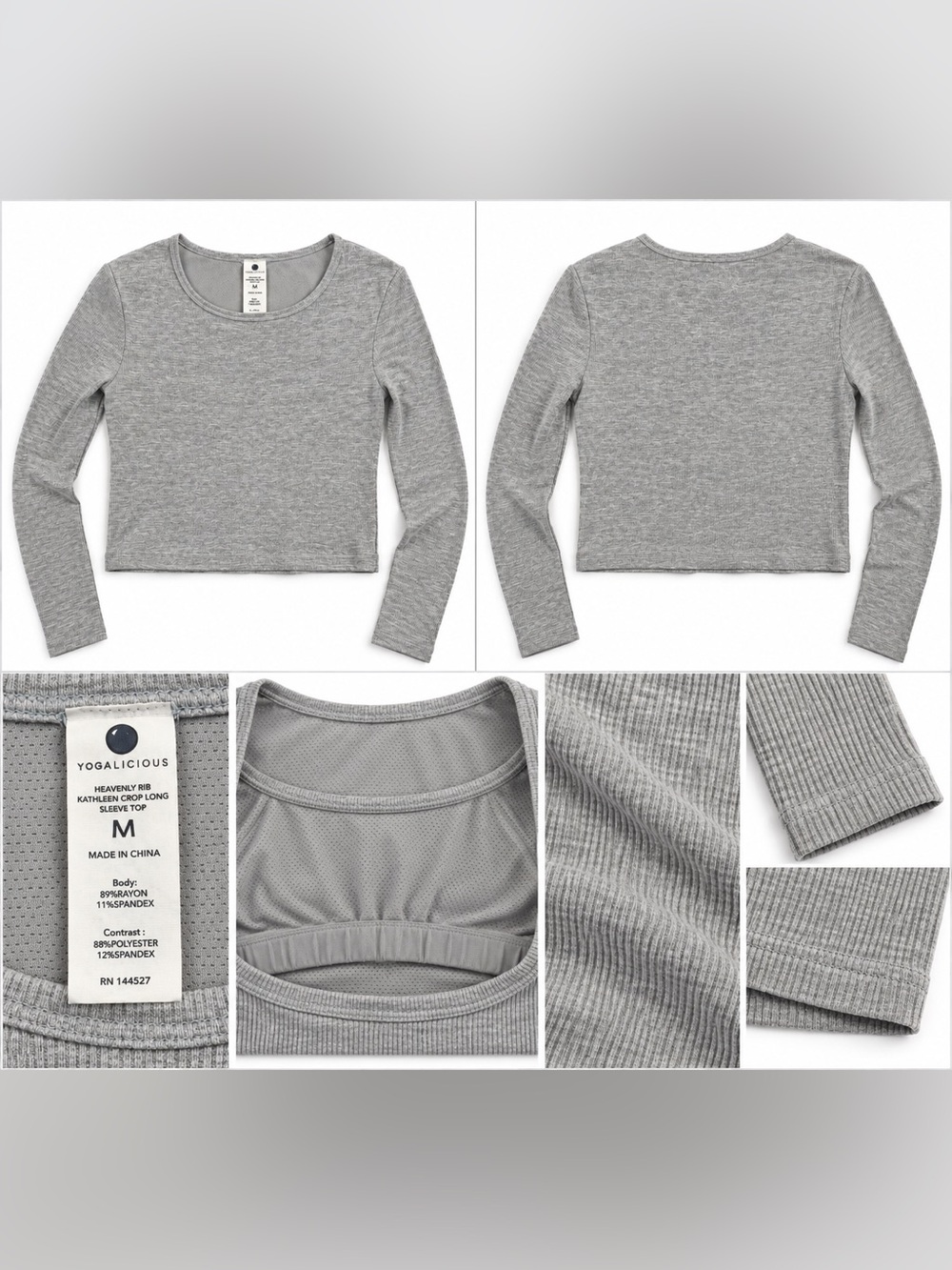 Yogalicious Heavenly Rib Kathleen Women’s M Gray Crop Long Sleeve Athletic Top14